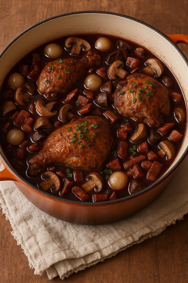 piletina, recepti, recepti s piletinom, francuski recepti, coq au vin, piletina na normandijski, francuska kuhinja